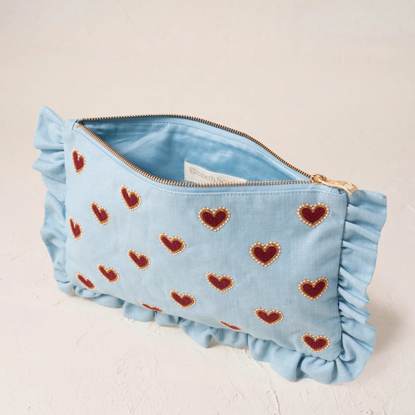 Love Hearts Frill French Blue Cotton Pouch