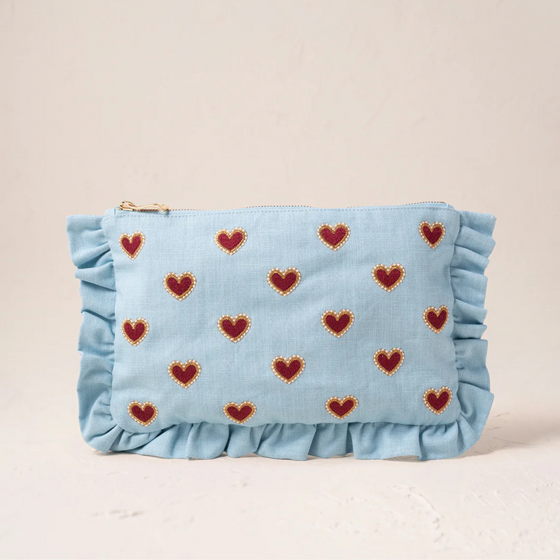 Love Hearts Frill French Blue Cotton Pouch