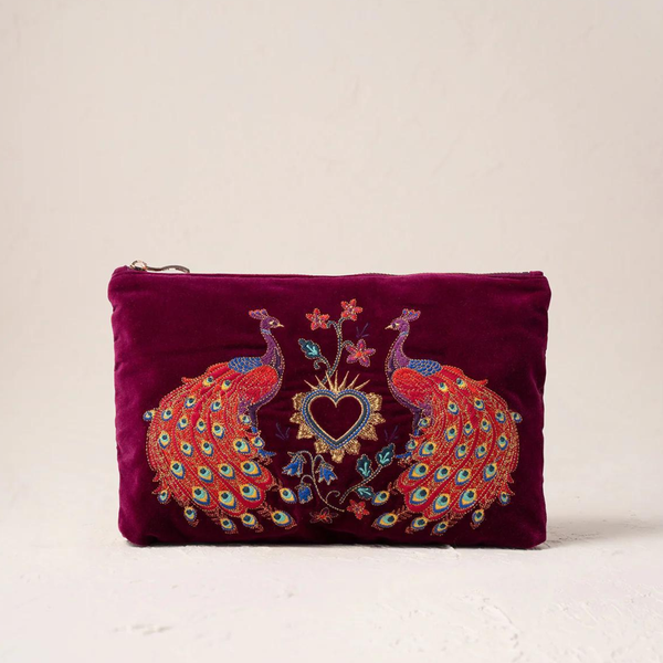 Peacock Floral Ruby Velvet Everyday Pouch