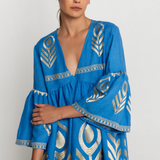 Blue/Gold Feather Embroidered Bell Sleeve Linen Dress