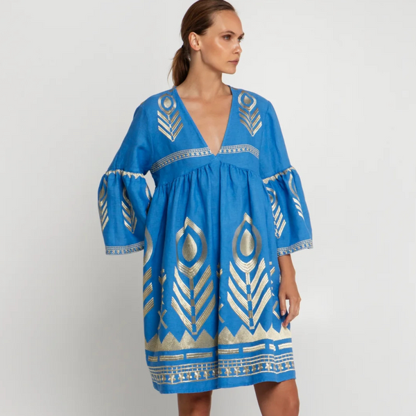 Blue/Gold Feather Embroidered Bell Sleeve Linen Dress