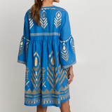 Blue/Gold Feather Embroidered Bell Sleeve Linen Dress