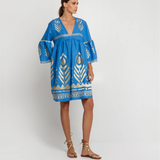 Blue/Gold Feather Embroidered Bell Sleeve Linen Dress