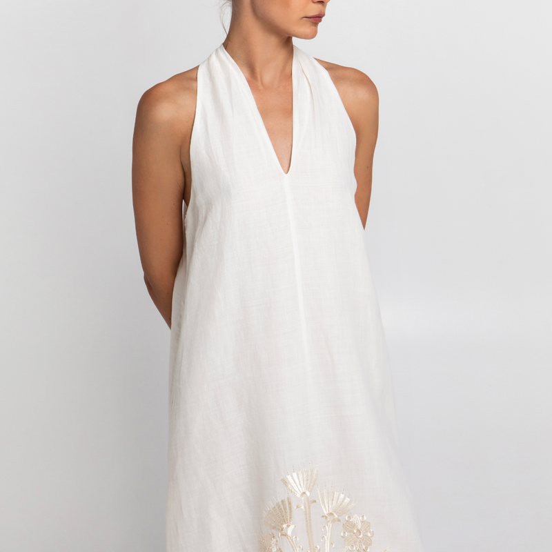 Crete Natural/Champagne Sleeveless Embroidered Midi Dress