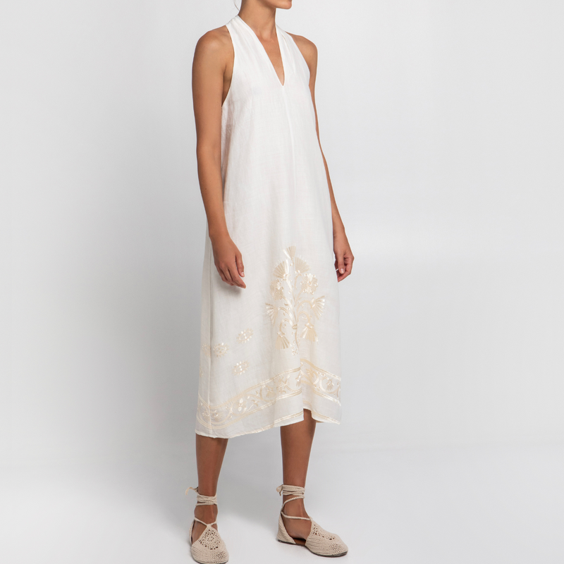 Crete Natural/Champagne Sleeveless Embroidered Midi Dress