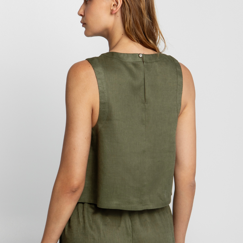 Khaki Linen Sleeveless Top