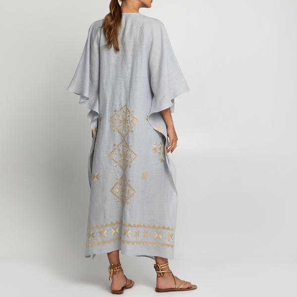 Lefkada Light Grey/Gold Long Embroidered Kaftan