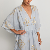 Lefkada Light Grey/Gold Long Embroidered Kaftan