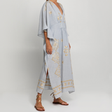 Lefkada Light Grey/Gold Long Embroidered Kaftan