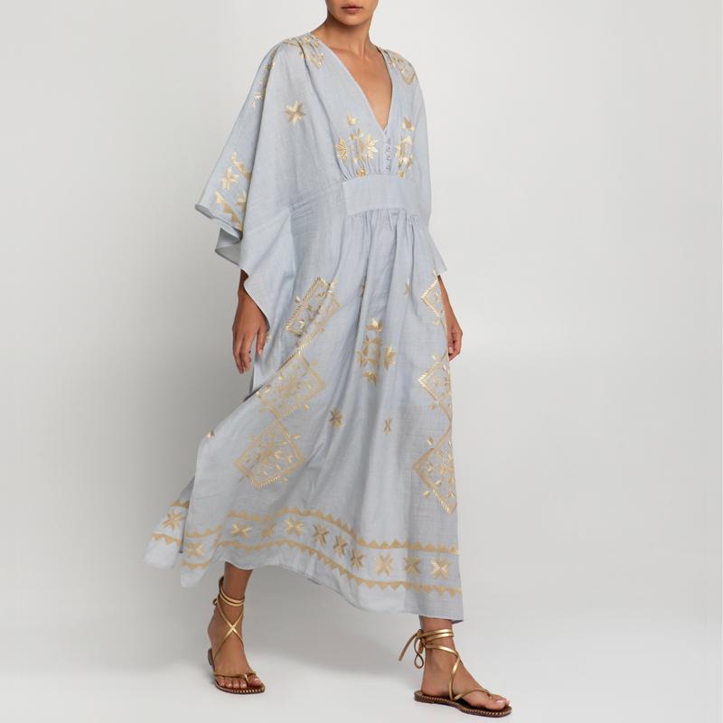 Lefkada Light Grey/Gold Long Embroidered Kaftan