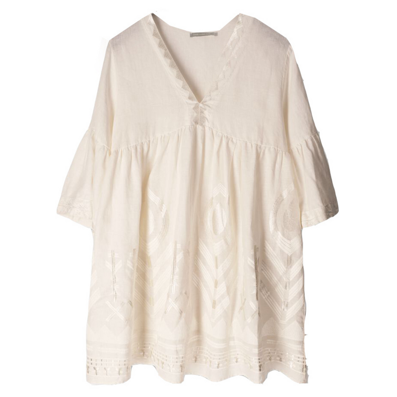 Natural/Champagne Feather Embroidered Bell Sleeve Linen Dress