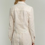 Natural/Ecru Embroidered Linen Long Sleeved Tie Shirt