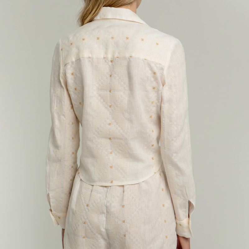 Natural/Ecru Embroidered Linen Long Sleeved Tie Shirt