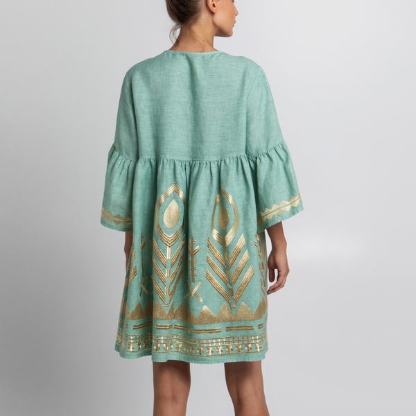 Sea Green/Gold Feather Embroidered Bell Sleeve Linen Dress