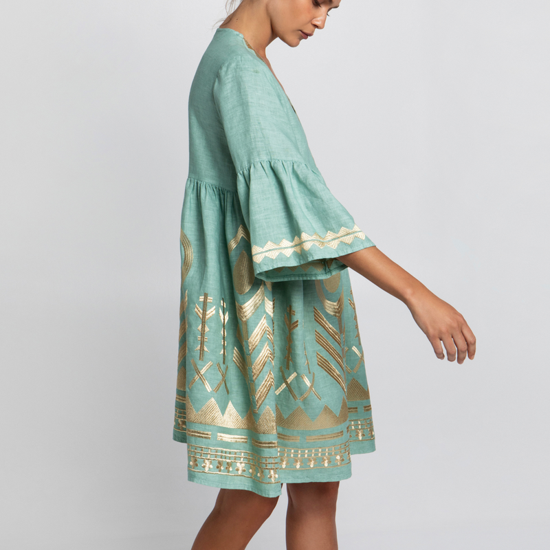 Sea Green/Gold Feather Embroidered Bell Sleeve Linen Dress