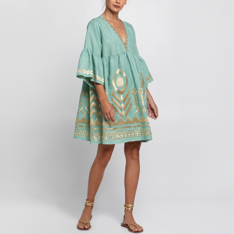 Sea Green/Gold Feather Embroidered Bell Sleeve Linen Dress