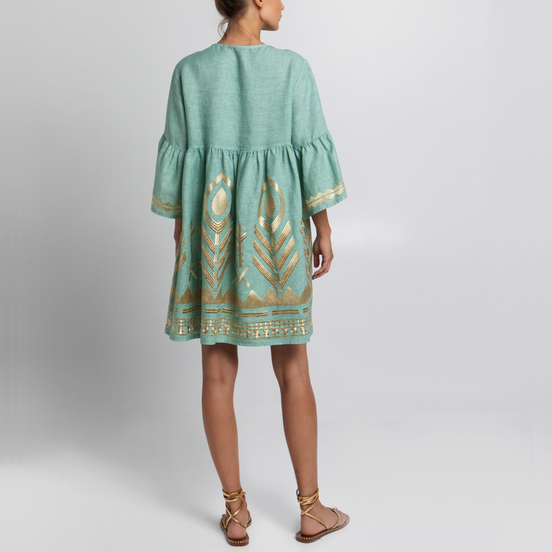 Sea Green/Gold Feather Embroidered Bell Sleeve Linen Dress