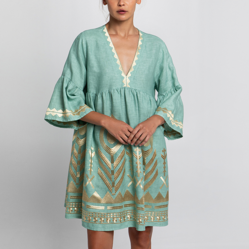 Sea Green/Gold Feather Embroidered Bell Sleeve Linen Dress