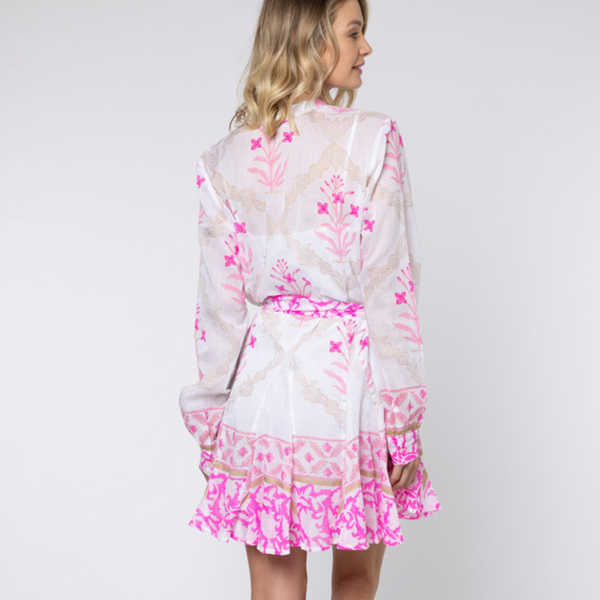 Cage Block Print Godot Dress in White/Fuchsia