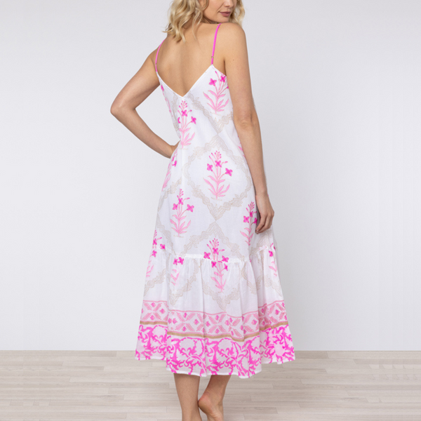 Cage Block Print V-Neck Midi Dress in White/Fuchsia