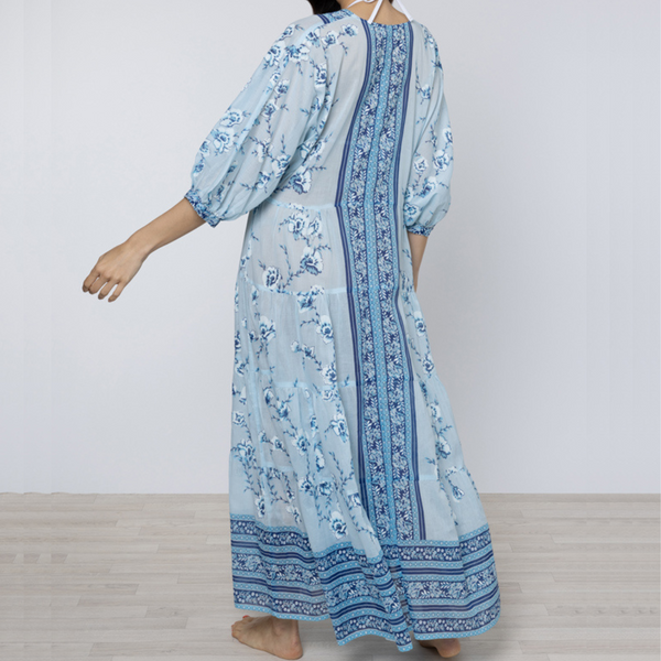 Cherry Blossom Print V-Neck Loose Maxi Dress in China Blue