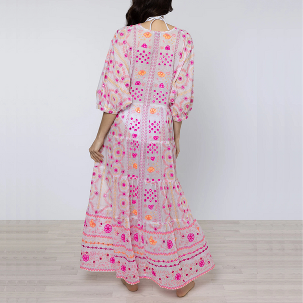 Mexican Print V Neck Maxi Dress in White with Fuchsia Embroidery