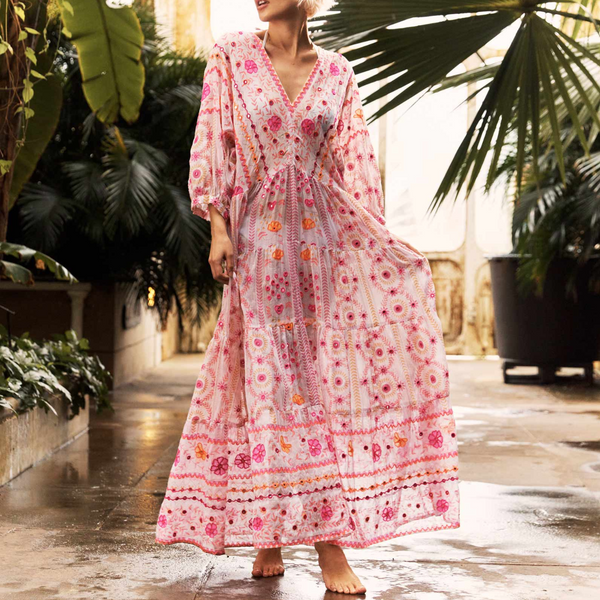 Mexican Print V Neck Maxi Dress in White with Fuchsia Embroidery