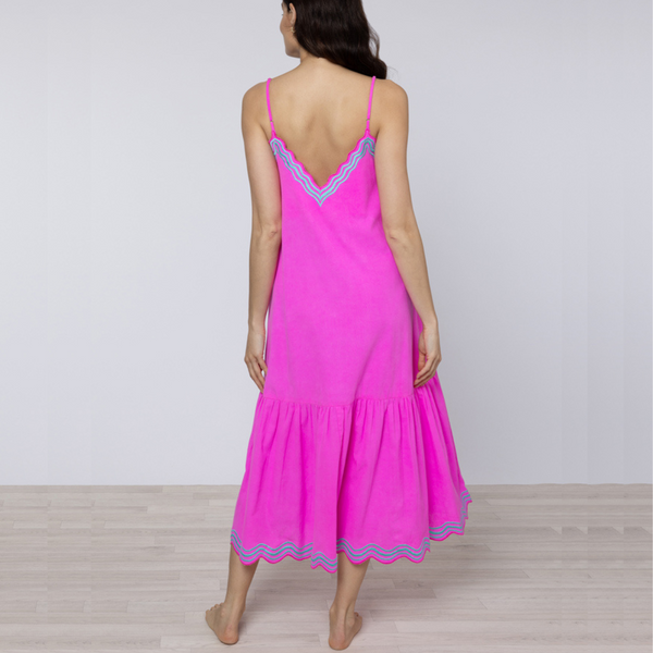 Wave Embroidery V Neck Midi Dress in Fuchsia/Aqua