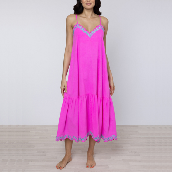 Wave Embroidery V Neck Midi Dress in Fuchsia/Aqua