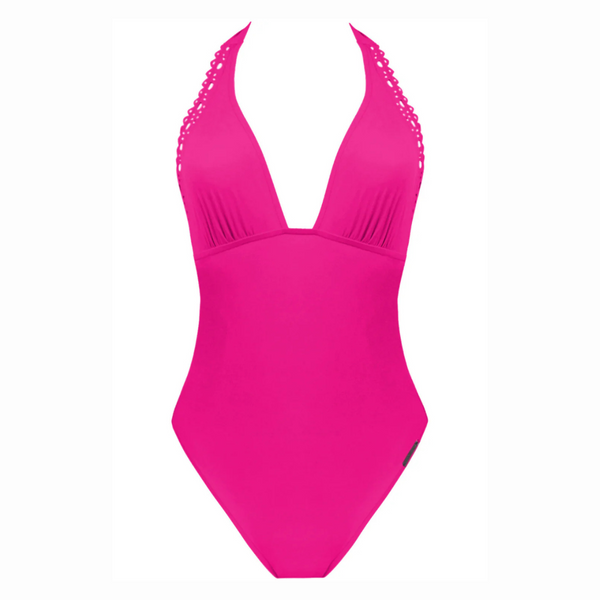 Ajourage Couture Plunging Back Halter Swimsuit in Fuchsia